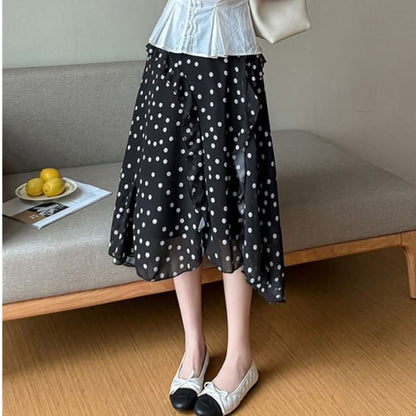 High Waist Dotted Asymmetrical Midi A-Line Skirt