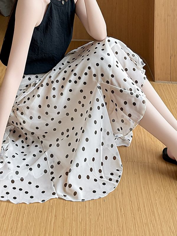 High Waist Dotted Asymmetrical Midi A-Line Skirt
