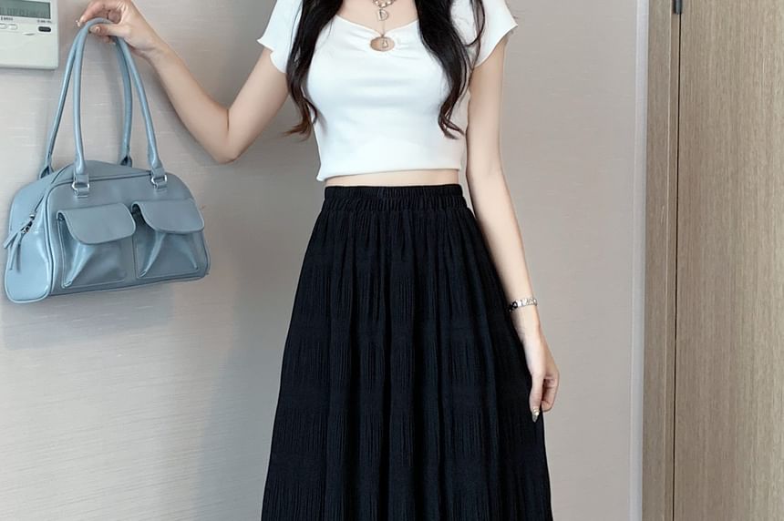 Elastic Waist Plain Midi A-Line Skirt