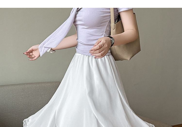High Waist Plain Asymmetrical Lace Trim Midi A-Line Skirt