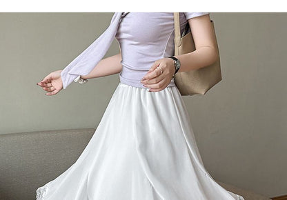 High Waist Plain Asymmetrical Lace Trim Midi A-Line Skirt