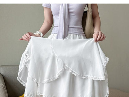 High Waist Plain Asymmetrical Lace Trim Midi A-Line Skirt