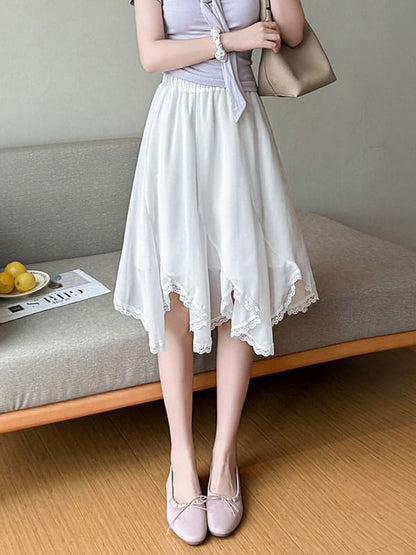 High Waist Plain Asymmetrical Lace Trim Midi A-Line Skirt
