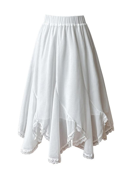 High Waist Plain Asymmetrical Lace Trim Midi A-Line Skirt