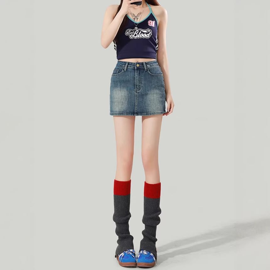 High Waist Washed Denim Mini Pencil Skirt
