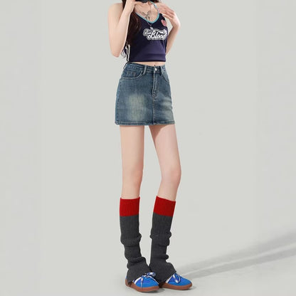 High Waist Washed Denim Mini Pencil Skirt