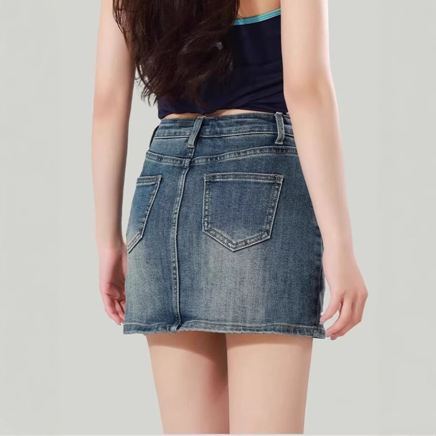 High Waist Washed Denim Mini Pencil Skirt