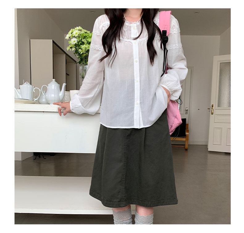 Long-Sleeve Crew Neck Lace Trim Sheer Blouse