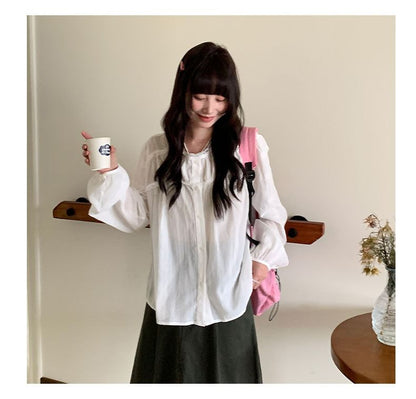 Long-Sleeve Crew Neck Lace Trim Sheer Blouse
