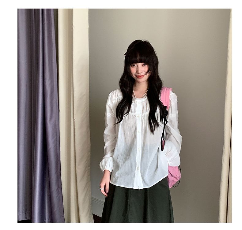Long-Sleeve Crew Neck Lace Trim Sheer Blouse