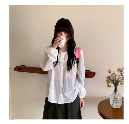 Long-Sleeve Crew Neck Lace Trim Sheer Blouse
