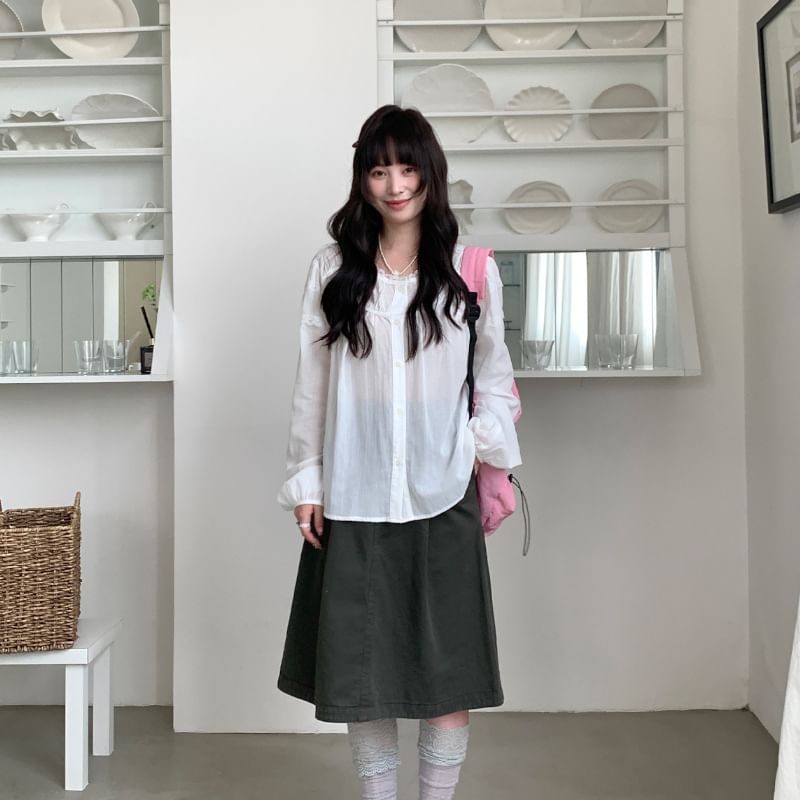 Long-Sleeve Crew Neck Lace Trim Sheer Blouse
