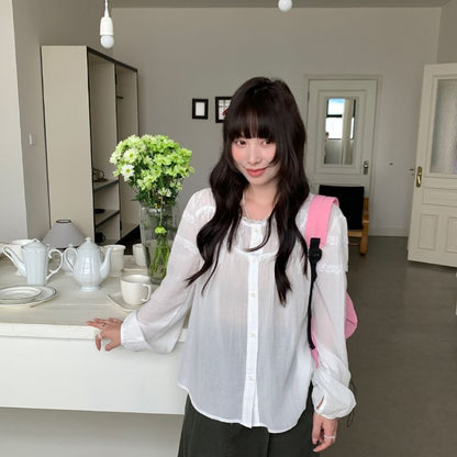 Long-Sleeve Crew Neck Lace Trim Sheer Blouse