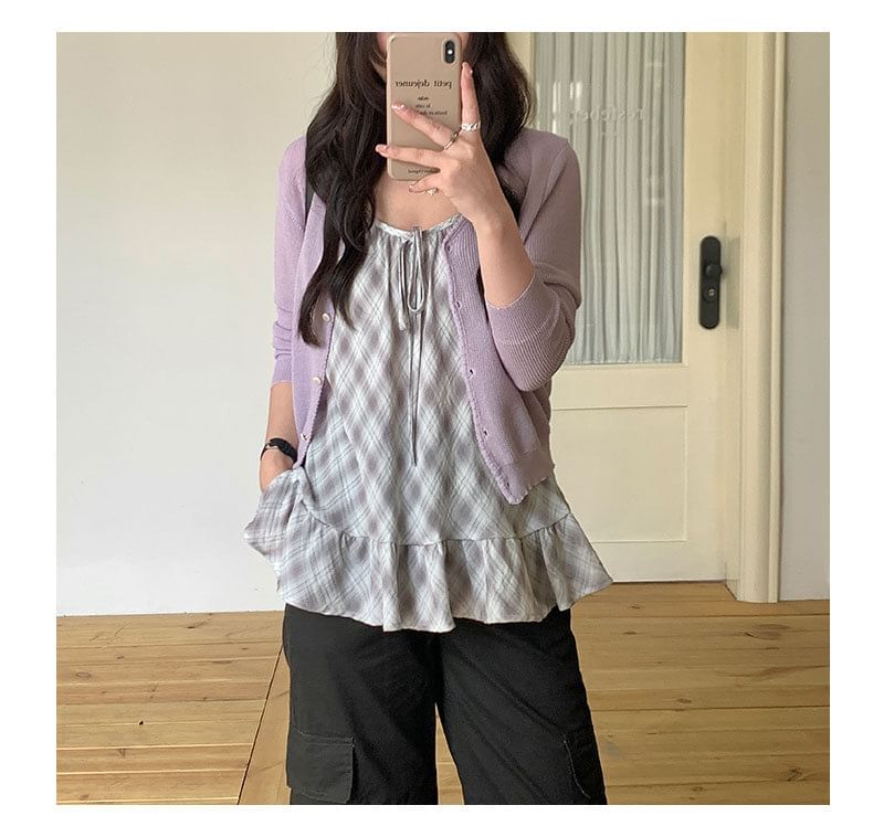 Scoop Neck Plaid Ruffle Hem Tie Front Camisole