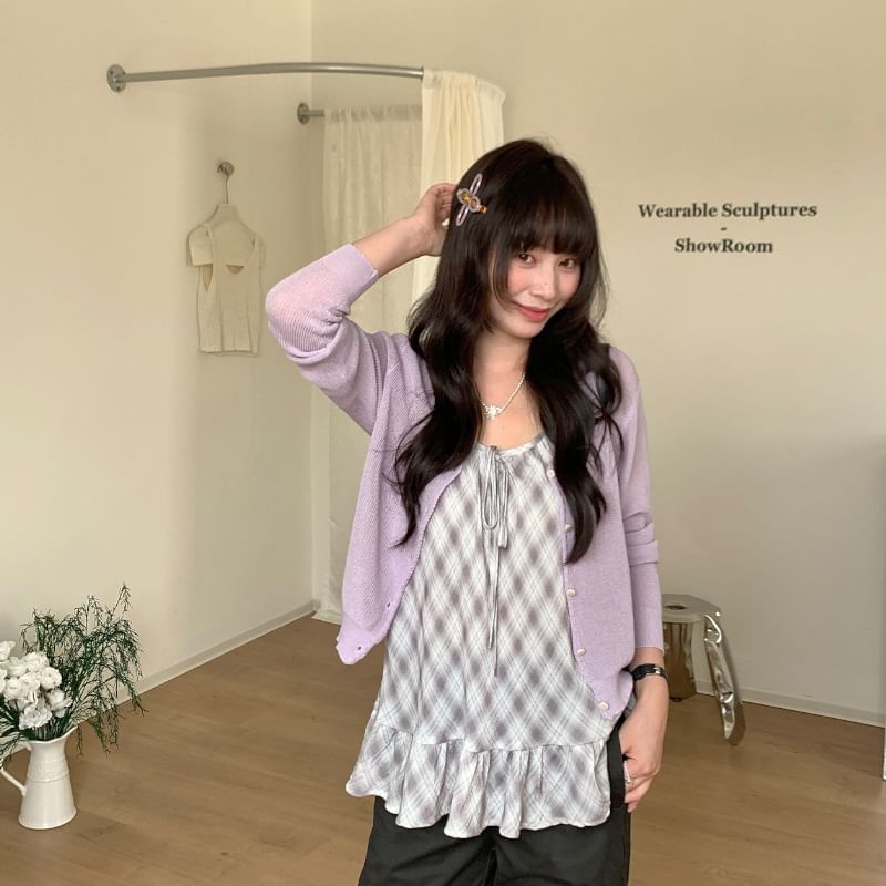 Scoop Neck Plaid Ruffle Hem Tie Front Camisole
