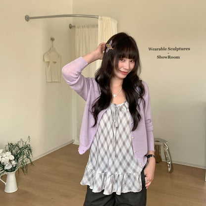 Scoop Neck Plaid Ruffle Hem Tie Front Camisole
