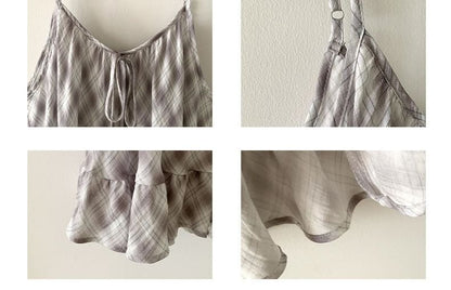 Scoop Neck Plaid Ruffle Hem Tie Front Camisole