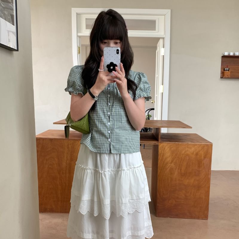Puff-Sleeve Tie-Neck Plaid Button-Up Blouse