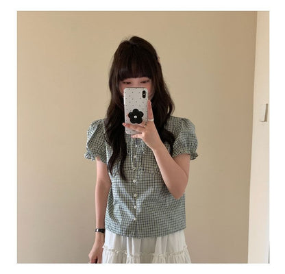 Puff-Sleeve Tie-Neck Plaid Button-Up Blouse
