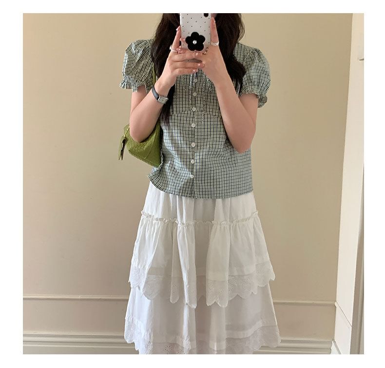 Puff-Sleeve Tie-Neck Plaid Button-Up Blouse