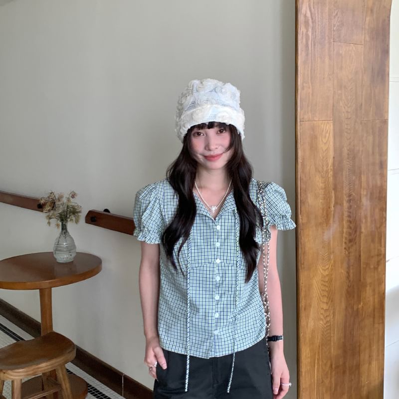 Puff-Sleeve Tie-Neck Plaid Button-Up Blouse