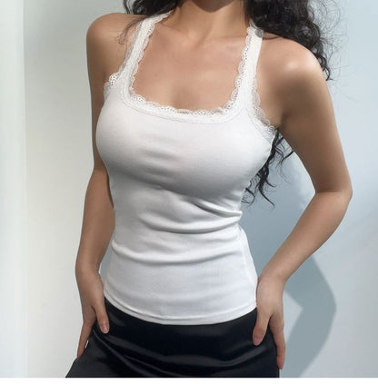 Square Neck Plain Lace Trim Racerback Slim Fit Tank Top