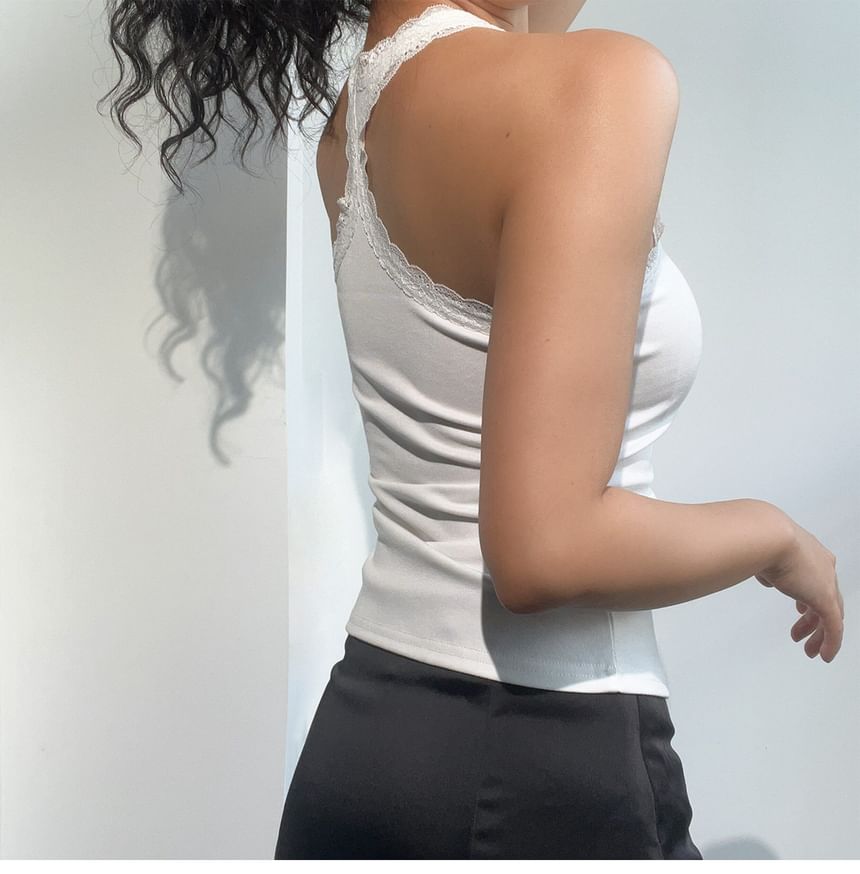 Square Neck Plain Lace Trim Racerback Slim Fit Tank Top