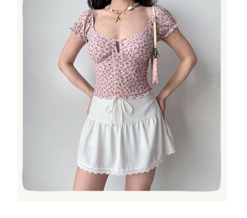 Mid Rise Plain Lace Trim Mini A-Line Skirt