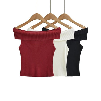 Off Shoulder Ribbed Knit Short Sleeve Top