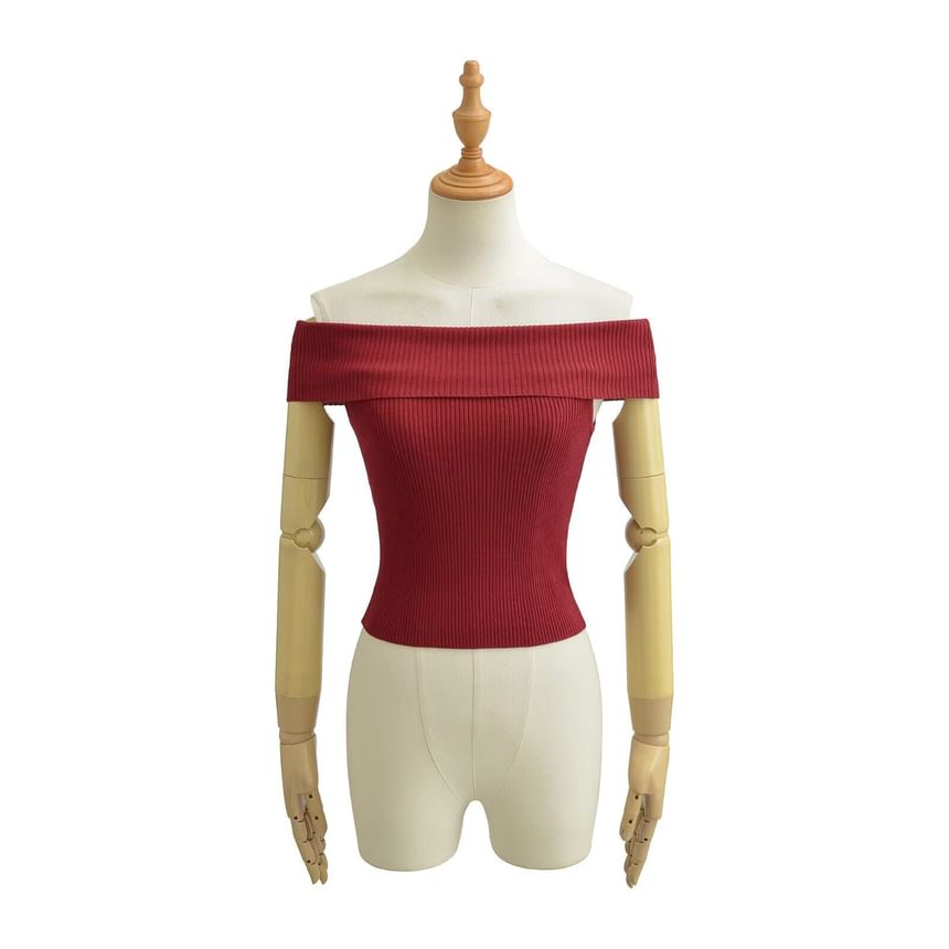 Off Shoulder Ribbed Knit Short Sleeve Top