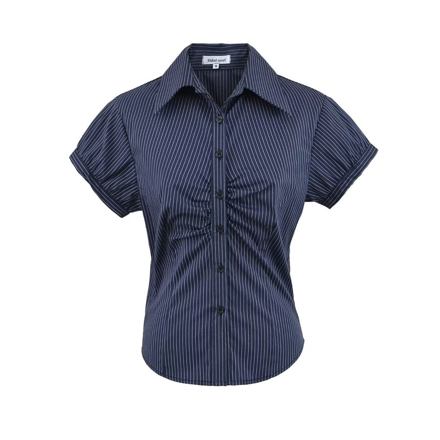 Collared Striped Ruched Button Up Short Sleeve Shirt