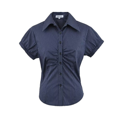 Collared Striped Ruched Button Up Short Sleeve Shirt