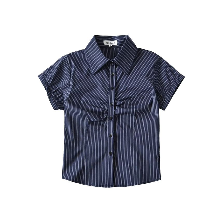 Collared Striped Ruched Button Up Short Sleeve Shirt