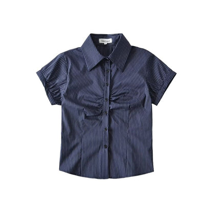 Collared Striped Ruched Button Up Short Sleeve Shirt