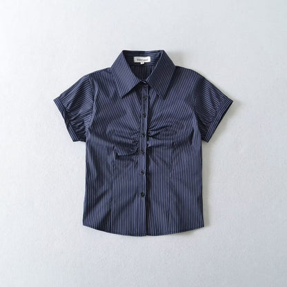 Collared Striped Ruched Button Up Short Sleeve Shirt