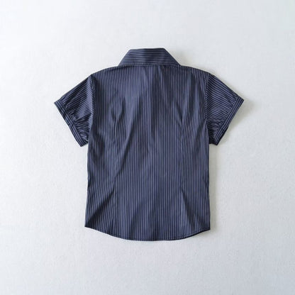 Collared Striped Ruched Button Up Short Sleeve Shirt