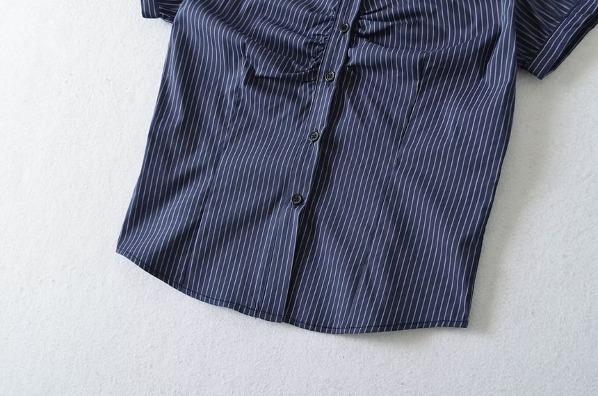 Collared Striped Ruched Button Up Short Sleeve Shirt