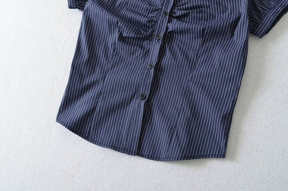 Collared Striped Ruched Button Up Short Sleeve Shirt