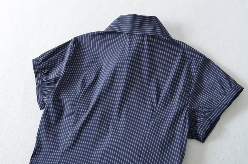 Collared Striped Ruched Button Up Short Sleeve Shirt
