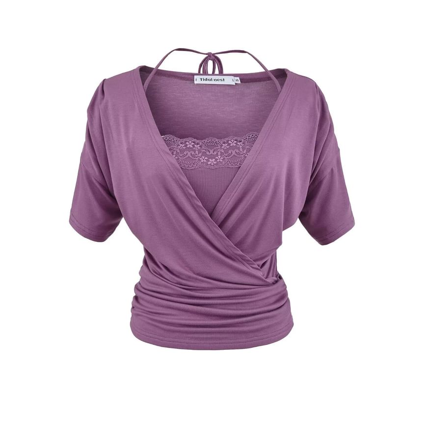 V-Neck Wrap Top & Lace Trim Camisole Set