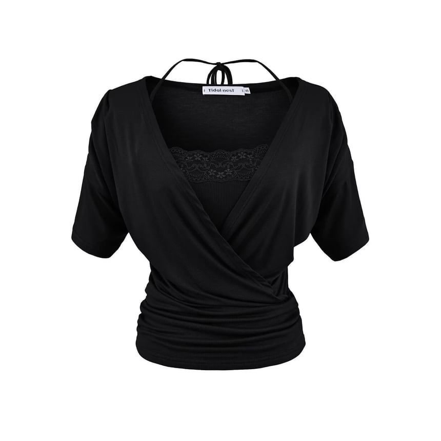 V-Neck Wrap Top & Lace Trim Camisole Set