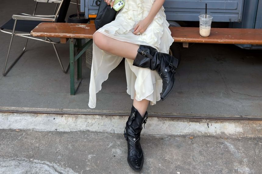 Set: Asymmetrical Plain Ruffled Camisole Top + Low Rise Midi A-Line Skirt