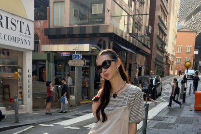 Set: Short-Sleeve Striped T-Shirt + Lace Trim Camisole Top