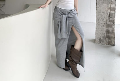 Mid Rise Plain Tie Front Slit Maxi A-Line Skirt
