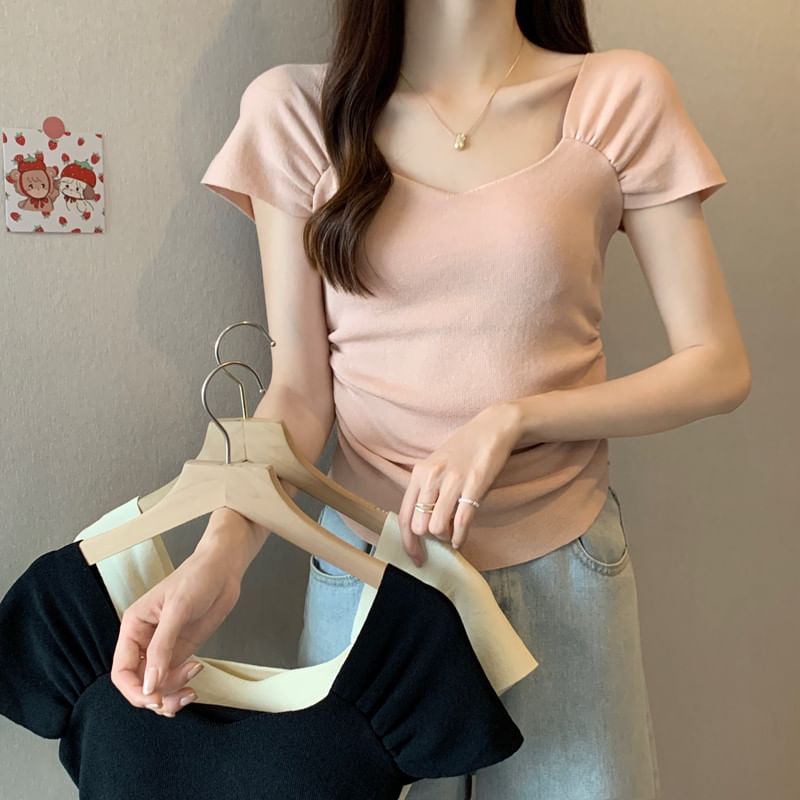 Square Neck Ruched T-Shirt Short Sleeve