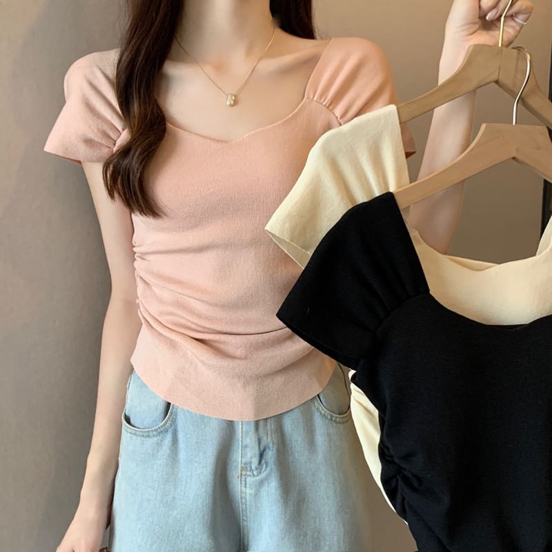 Square Neck Ruched T-Shirt Short Sleeve