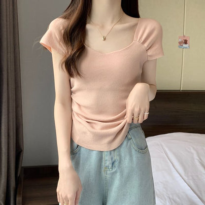 Square Neck Ruched T-Shirt Short Sleeve