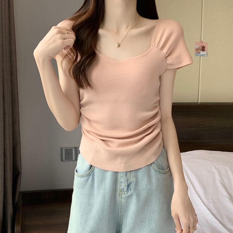 Square Neck Ruched T-Shirt Short Sleeve