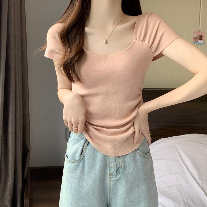 Square Neck Ruched T-Shirt Short Sleeve
