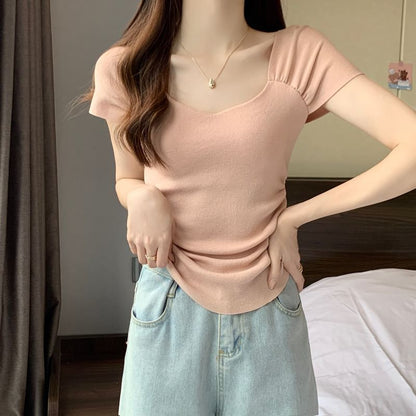 Square Neck Ruched T-Shirt Short Sleeve